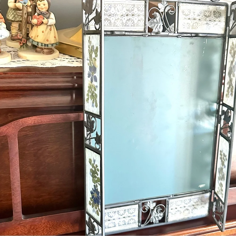 Vintage Silver and Blue Floral Wall Mirror